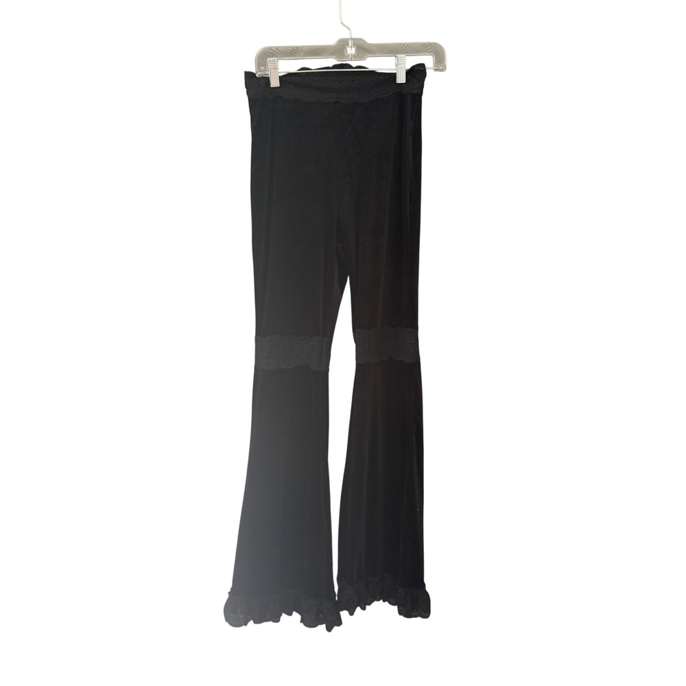 Black‎ Velvet Flare Pants Lace Ruffle Bell Bottom High Waist M Whimsigoth Vamp